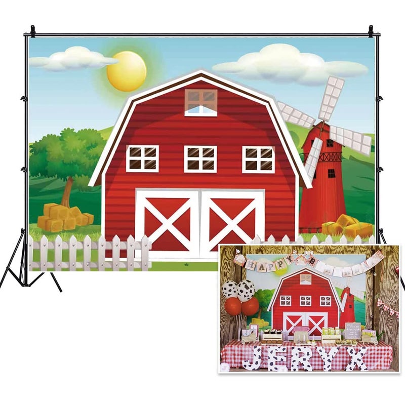 Haoyiyi 10x8ft Happy Birthday Background Cartoon Red Barn Farm Green Grass Trees Fence House Wildmill Backdrop Photography Photo 1st First Princess Favors Party Photo Booth Studio Prop - Image 2